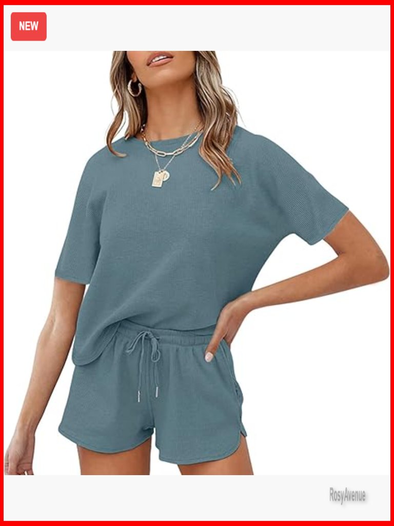 Short Sleeve Waffle Pajama Set Lounge Top Shorts 2 Piece Tracksuit